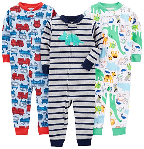 Simple Joys by Carter's pijama de algodón sin pies para bebés y niños pequeños, paquete de 3 ,Fire Truck/Dino/Animals Green/Green ,18 Months