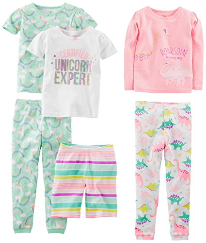 Simple Joys by Carter's - Pijamas enteros - Juego de pijama de algodón de ajuste cómodo de 6 piezas. - para bebé niña multicolor Dinosaurio, arco iris, unicornio. 2 Years