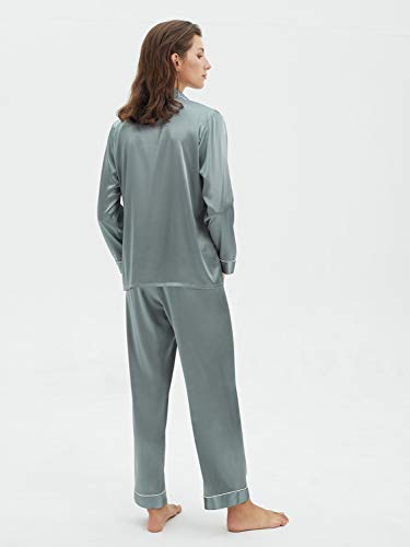 SIORO Conjunto de Pijamas de Mujer Pijamas de satén de Seda para Mujer Ropa de Dormir de Manga Larga con Botones, Verde grisáceo, S