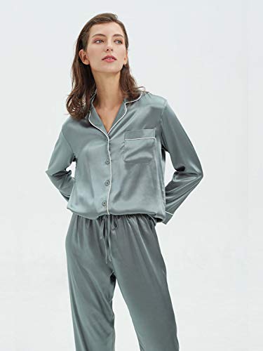 SIORO Conjunto de Pijamas de Mujer Pijamas de satén de Seda para Mujer Ropa de Dormir de Manga Larga con Botones, Verde grisáceo, S