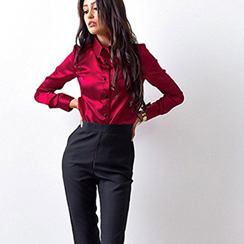 Siswong Blusas Raso Cuello de Solapa Elegantes Casual Mujer de Manga Larga Camisas Formales Oficina Juveniles de Chica Sexys con Botón (M, Rojo)