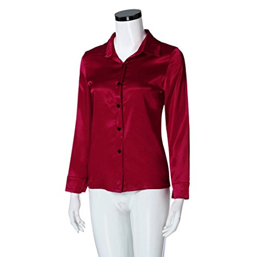 Siswong Blusas Raso Cuello de Solapa Elegantes Casual Mujer de Manga Larga Camisas Formales Oficina Juveniles de Chica Sexys con Botón (XL, Rojo)