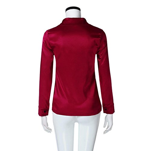 Siswong Blusas Raso Cuello de Solapa Elegantes Casual Mujer de Manga Larga Camisas Formales Oficina Juveniles de Chica Sexys con Botón (XL, Rojo)
