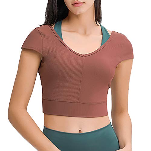 siyecaoo Camiseta Deportiva Mujer，Top de Deporte Corto Súper Suave Mujer Yoga Tops Marrón S