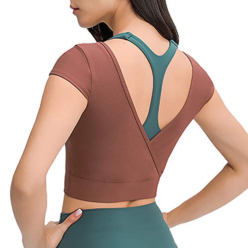 siyecaoo Camiseta Deportiva Mujer，Top de Deporte Corto Súper Suave Mujer Yoga Tops Marrón S