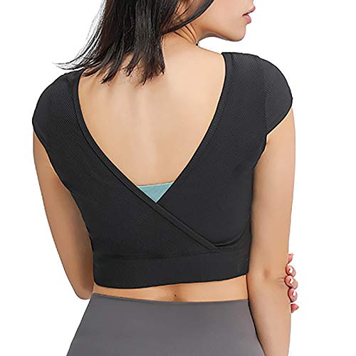 siyecaoo Camiseta Deportiva Mujer，Top de Deporte Corto Súper Suave Mujer Yoga Tops Negro L