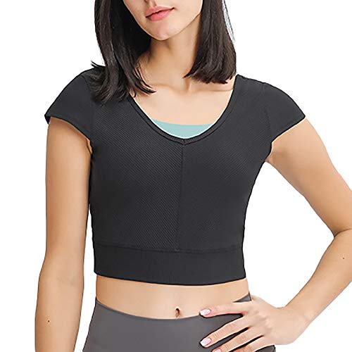 siyecaoo Camiseta Deportiva Mujer，Top de Deporte Corto Súper Suave Mujer Yoga Tops Negro L