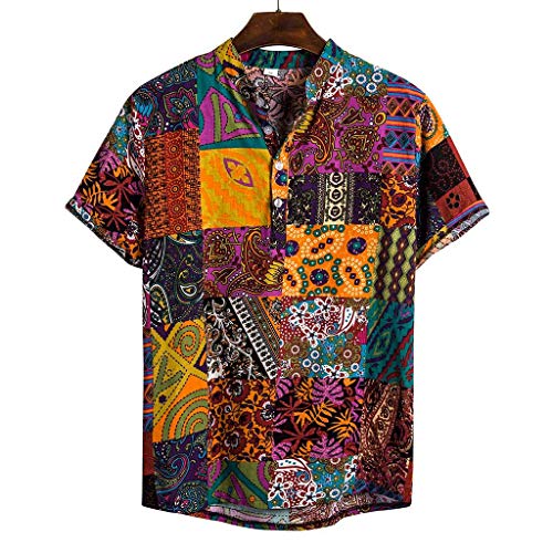 Skang Camisa Hawaiana para Hombre,Vintage Tradicional Africana Estampado Cuello Mao Botones Regular Fit Camiseta Henley Blusa Tops