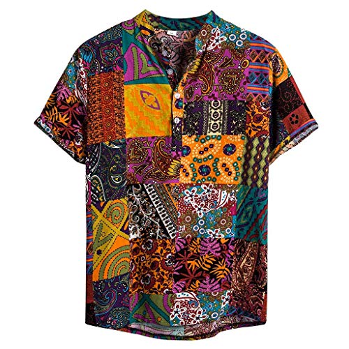 Skang Camisa Hawaiana para Hombre,Vintage Tradicional Africana Estampado Cuello Mao Botones Regular Fit Camiseta Henley Blusa Tops