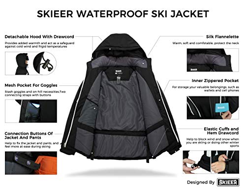 Skieer Chaqueta de Esquí Impermeable Montaña Abrigo Snowboard para Exteriores Parka de Nieve con Capucha Chaqueta Aislada con Vellón Cálida Invierno Hombre Negro Large