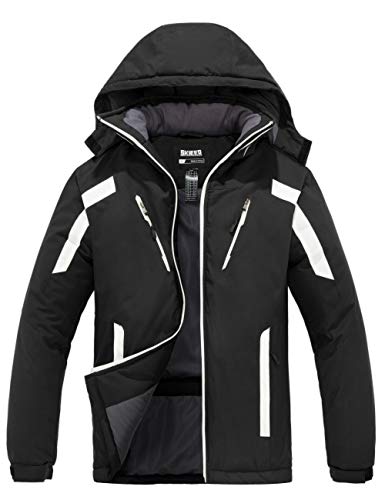Skieer Chaqueta de Esquí Impermeable Montaña Abrigo Snowboard para Exteriores Parka de Nieve con Capucha Chaqueta Aislada con Vellón Cálida Invierno Hombre Negro Large