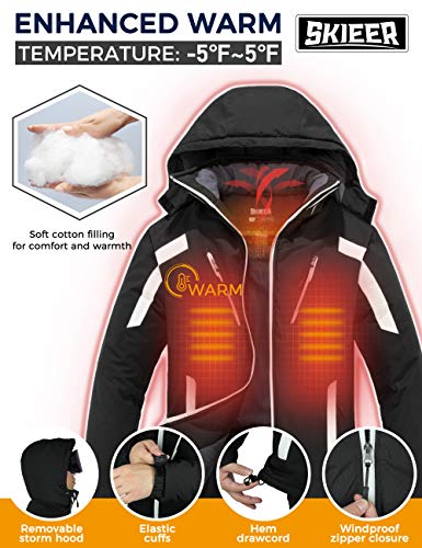 Skieer Chaqueta de Esquí Impermeable Montaña Abrigo Snowboard para Exteriores Parka de Nieve con Capucha Chaqueta Aislada con Vellón Cálida Invierno Hombre Negro Large
