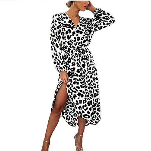 SLYZ 2021 Primavera Y Otoño Mujeres Europeas Y Americanas Sexy con Cuello En V Estampado De Leopardo De Manga Larga Vestido De Gasa Mujer