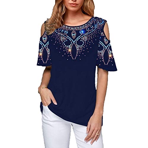 SLYZ Blusa De Camiseta Casual De Cuello Redondo con Estampado De Hombros Descubiertos Y Tallas Grandes para Mujeres Europeas Y Americanas