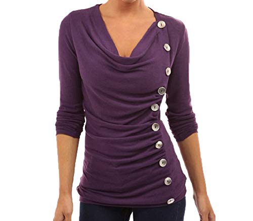 SLYZ Camiseta De Manga Larga para Mujer Camiseta De Cuello Redondo Botón Camiseta De Manga Larga De Gran Tamaño De Moda Informal Top para Mujer