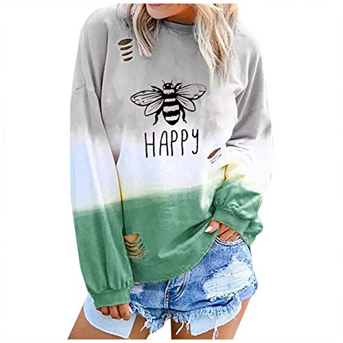 SLYZ Camiseta De Manga Larga para Mujer De Primavera, Camiseta De Manga Larga con Gradiente De Agujero De Impresión, Camiseta De Manga Larga para Mujer Casual, Top para Mujer