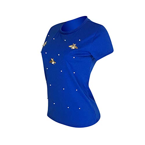 SLYZ Primavera Y Verano para Mujer, Nueva Camiseta Elástica con Diseño De Mariposa con Cuentas, Cuello Redondo, Camiseta De Mujer De Gran Tamaño, Manga Corta para Mujer