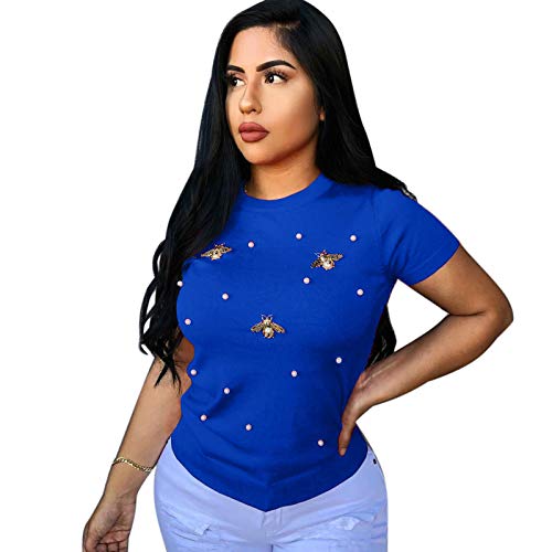 SLYZ Primavera Y Verano para Mujer, Nueva Camiseta Elástica con Diseño De Mariposa con Cuentas, Cuello Redondo, Camiseta De Mujer De Gran Tamaño, Manga Corta para Mujer