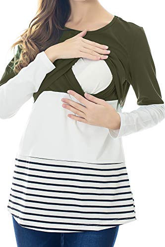 Smallshow Tops de Amamantar de Manga Larga para Mujer Camisa de Lactancia a Rayas con Encaje en la Espalda Army Green M