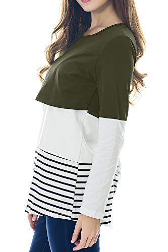 Smallshow Tops de Amamantar de Manga Larga para Mujer Camisa de Lactancia a Rayas con Encaje en la Espalda Army Green M