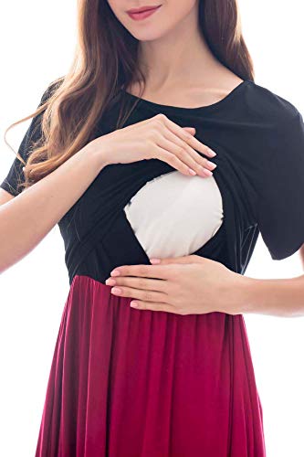 Smallshow Vestido para Premamá de Mangas Cortas Ropa Casual de Maternidad para Lactancia Black/Wine Large