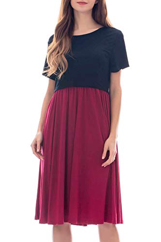 Smallshow Vestido para Premamá de Mangas Cortas Ropa Casual de Maternidad para Lactancia Black/Wine Large