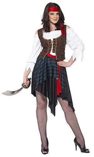 Smiffys-20470M Disfraz de Mujer Pirata, Camisa con Chaleco Unido, Falda, cinturón y Banda para el Pelo, Color marrón, M-EU Tamaño 40-42 (Smiffy'S 20470M)