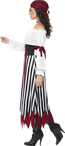 Smiffys-20803S Disfraz de Mujer Pirata, Vestido con Tiras para los Brazos, cinturón y Elemento para la Cabeza, Color Negro y Blanco, S-EU Tamaño 36-38 (Smiffy'S 20803S)