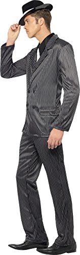 Smiffy'S 23687L Disfraz De Gánster Chaqueta De Raya Diplomática Y Pantalones, Pechera De Camisa Y Corbata, Negro, L - Tamaño 42"-44"