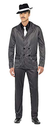Smiffy'S 23687L Disfraz De Gánster Chaqueta De Raya Diplomática Y Pantalones, Pechera De Camisa Y Corbata, Negro, L - Tamaño 42"-44"