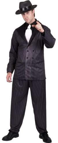 Smiffys-23687M Disfraz de gánster, Chaqueta de Raya diplomática y Pantalones, Pechera de Camisa y Corbata, Color Negro, M-Tamaño 38"-40" (Smiffy'S 23687M)