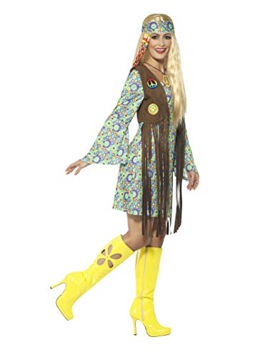 Smiffy's Smiffys-43127m Disfraz de Hippie años 60 para Chica, con Vestido, Chaleco, medallón, Multicolor, Talla M 43127m