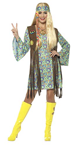 Smiffy's Smiffys-43127m Disfraz de Hippie años 60 para Chica, con Vestido, Chaleco, medallón, Multicolor, Talla M 43127m