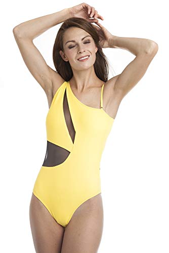 SOL Y PLAYA - Bañador Bikini Trikini una Pieza un Hombro asimétrico Transparencias Sexy Moderno para Mujer Chica Verano (44 - XL, Amarillo)