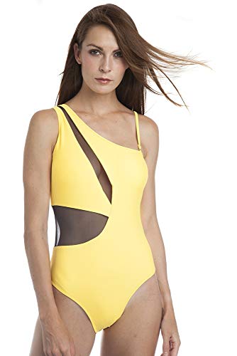 SOL Y PLAYA - Bañador Bikini Trikini una Pieza un Hombro asimétrico Transparencias Sexy Moderno para Mujer Chica Verano (44 - XL, Amarillo)