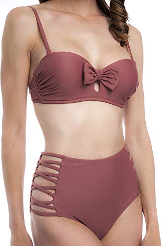 SOL Y PLAYA - Conjunto Bikini Bandeau Braga Alta diseño Lazo Tiras Moderno para Mujer Chica Push up (40 - M, Carmin)