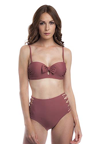 SOL Y PLAYA - Conjunto Bikini Bandeau Braga Alta diseño Lazo Tiras Moderno para Mujer Chica Push up (40 - M, Carmin)