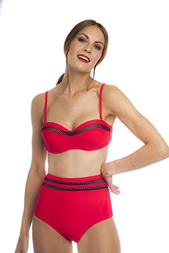 SOL Y PLAYA - Conjunto Bikini triangulo Halter Bandeau Push up con aro Braga Alta diseño Sexy Efecto Transparencias Moderno para Mujer Chica señora (44 - XL, Rojo)