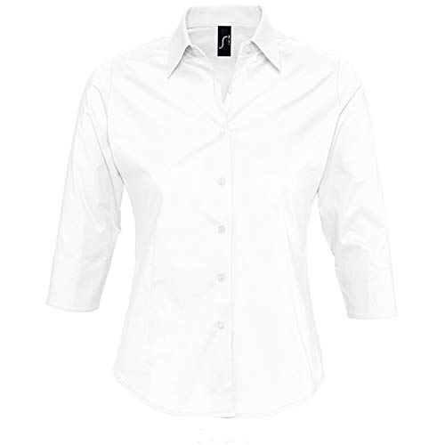 SOLS- Camisa de Trabajo Effect Entallada de Manga Tres Cuartos para Mujer (S) (Blanco)