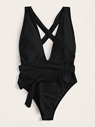 Soly Hux - Bañador de una pieza con cuello en V y monokini reductor, bikini de playa push-up acolchado Negro S