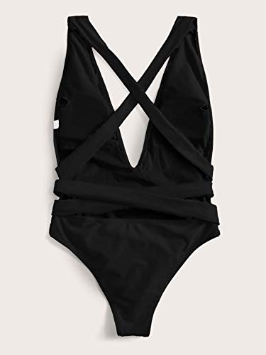 Soly Hux - Bañador de una pieza con cuello en V y monokini reductor, bikini de playa push-up acolchado Negro S
