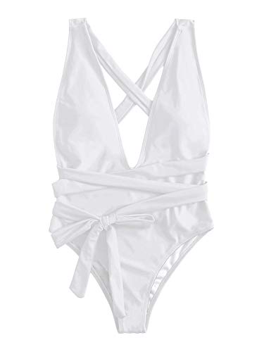 SOLY HUX Mujer Sexy Bañador Una Pieza Push Up de Cuello Profundo con Tiras Cruzadas Y Bikini Traje de Baño para Natacion Blanco M