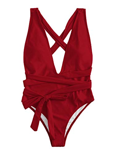 SOLY HUX Mujer Sexy Bañador Una Pieza Push Up de Cuello Profundo con Tiras Cruzadas Y Bikini Traje de Baño para Natacion Rojo S