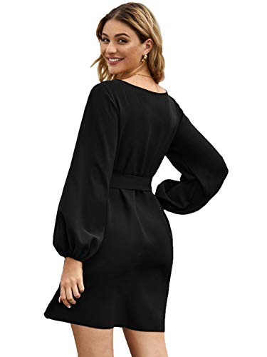 Soly Hux - Vestido corto para mujer con cinturón, vestido de manga larga y cuello barco, elegante, monocromo Negro M