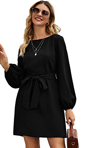 Soly Hux - Vestido corto para mujer con cinturón, vestido de manga larga y cuello barco, elegante, monocromo Negro M
