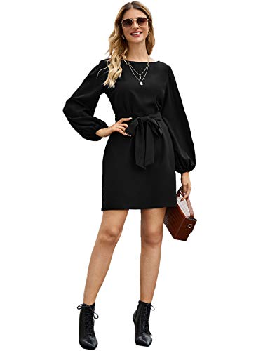 Soly Hux - Vestido corto para mujer con cinturón, vestido de manga larga y cuello barco, elegante, monocromo Negro M