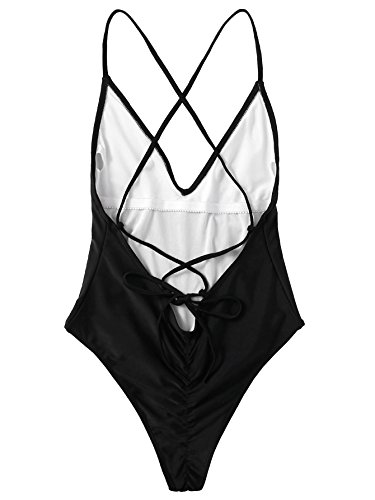 SOLYHUX Mujer Ropa de Baño Vestido de Playa Set Biquini una pieza Con Cuello En V Con Cordones Cruzados En La Espalda， Negro Tamaño M