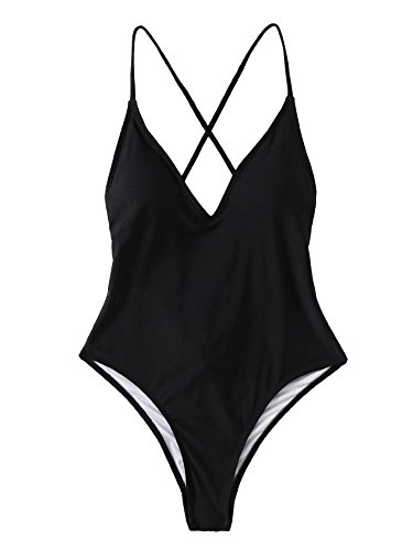 SOLYHUX Mujer Ropa de Baño Vestido de Playa Set Biquini una pieza Con Cuello En V Con Cordones Cruzados En La Espalda， Negro Tamaño M