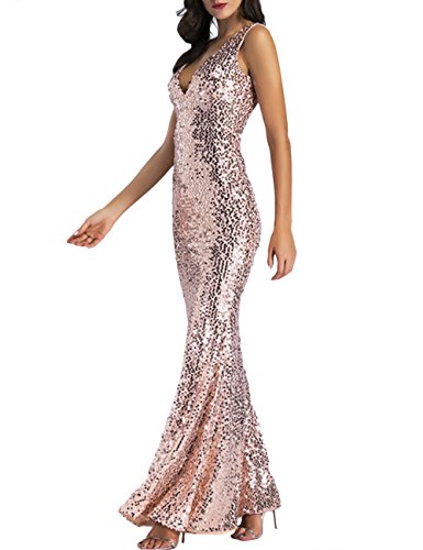 SOMTHRON Mujer Sexy Cuello en V Profundo Sin Mangas Largo Bodycon Lentejuela Partido Baile de Pelota Vestido(GO,L)