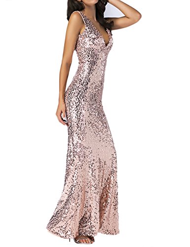 SOMTHRON Mujer Sexy Cuello en V Profundo Sin Mangas Largo Bodycon Lentejuela Partido Baile de Pelota Vestido(GO,L)